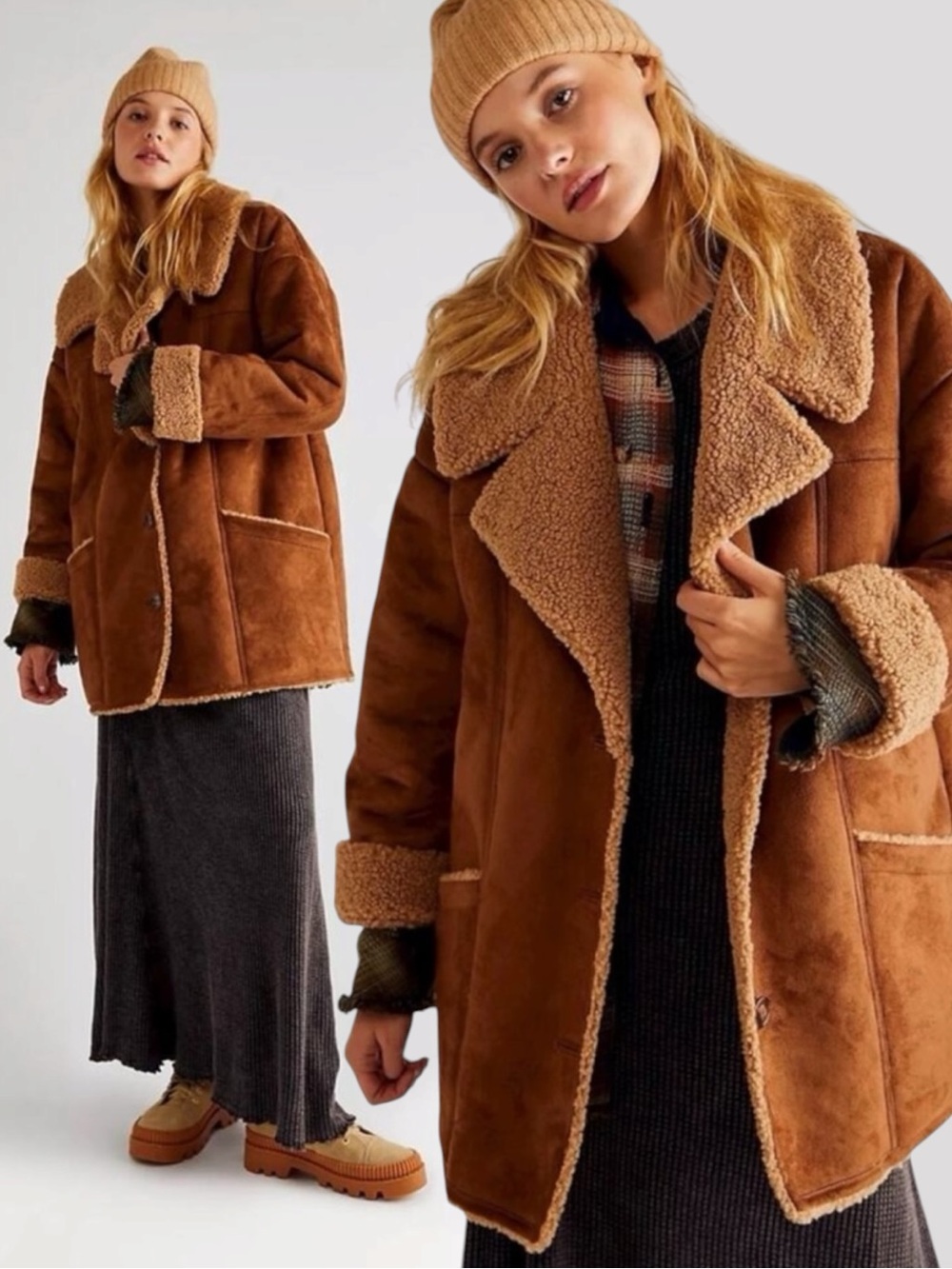 Free People Western Bohemian Retro 70s Faux Sherpa Suede Diogo Coat Size Medium